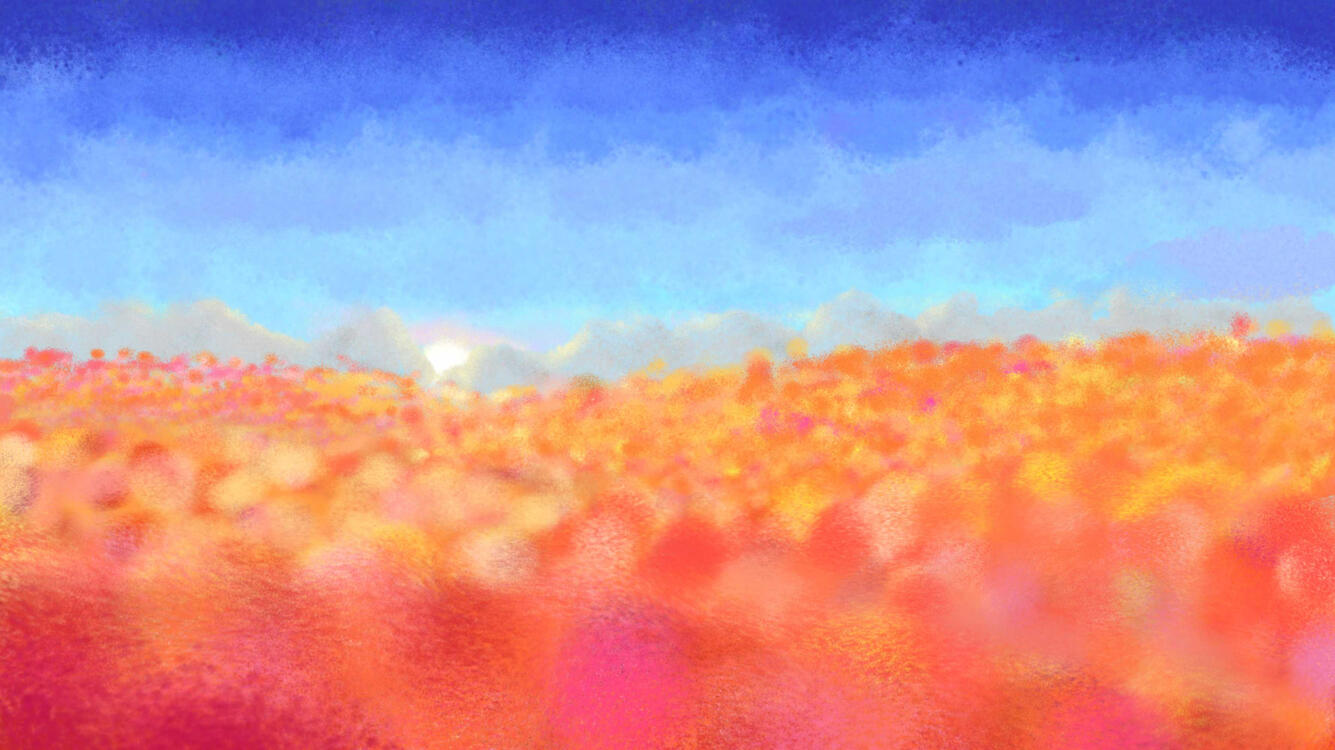 Soft brush drawing of a distant autumn canopy in front of a setting sun
